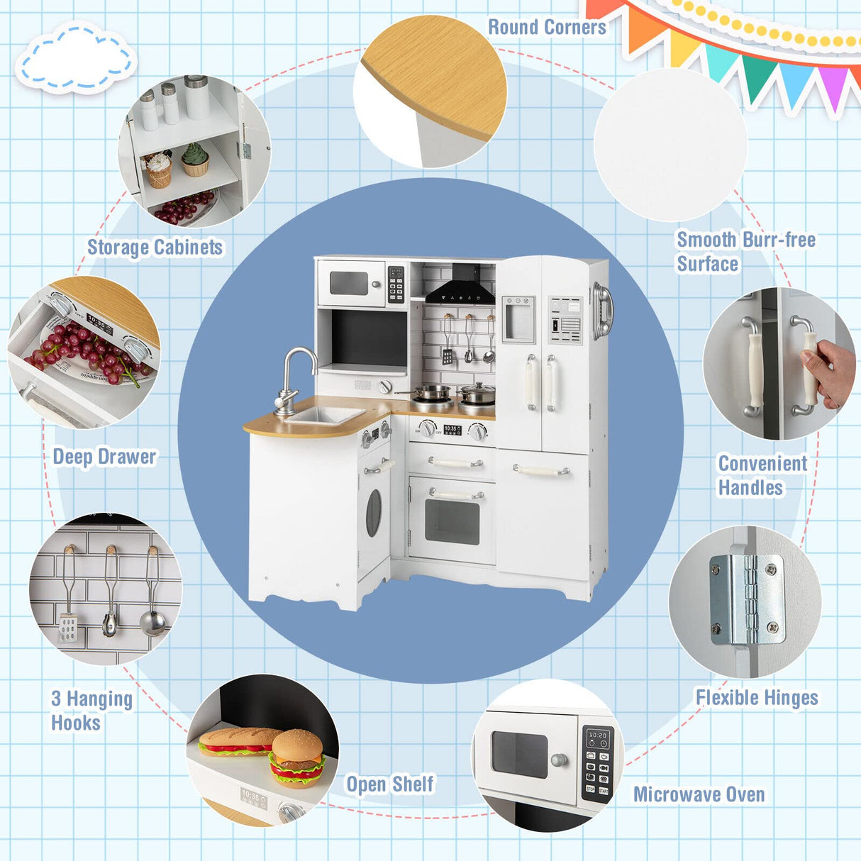 HONEY JOY Kids Corner Kitchen Playset, Wooden Pretend Playset w/Realistic Washing Machine, Microwave Oven