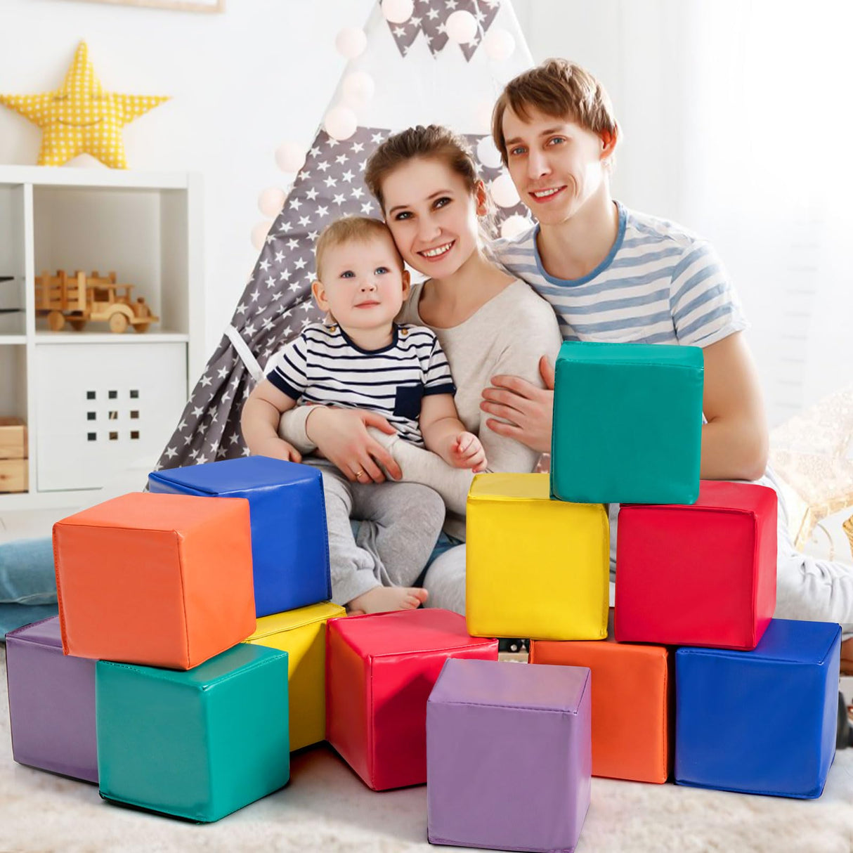 BABY JOY Foam Building Blocks, 12-Piece 14 CM Colorful Stacking Climbing Foam Cubes Play Set for Kids