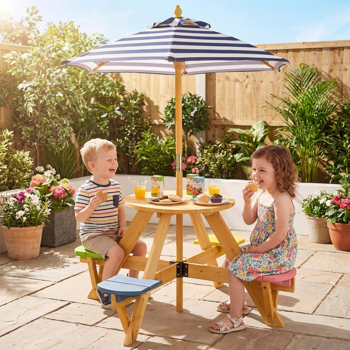 Kids Picnic Table with Stools and Foldable Adjustable Umbrella for Backyard and Patio