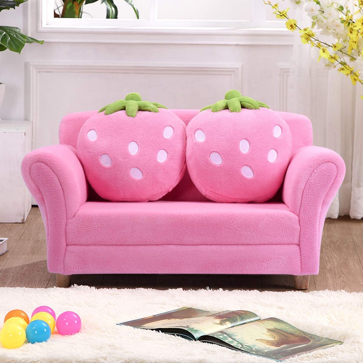 BABY JOY Toddler Couch with 2 Strawberry Pillows, Children Upholstered Loveseat Lounge Bed