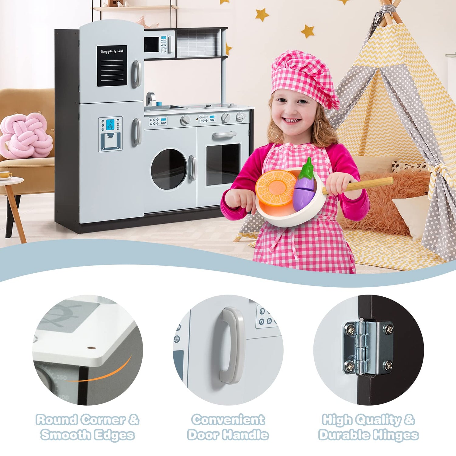 HONEY JOY Kids Kitchen Playset, Pretend Cooking Play Toy Set with Blackboard, Washing Machine