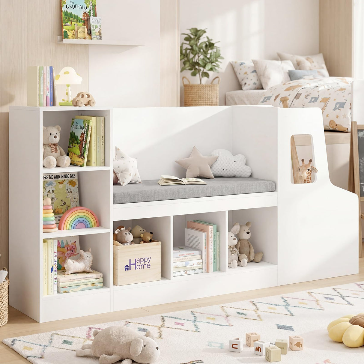 HONEY JOY Car-Shaped Kids Bookshelf with Reading Nook, Kids Bookcase
