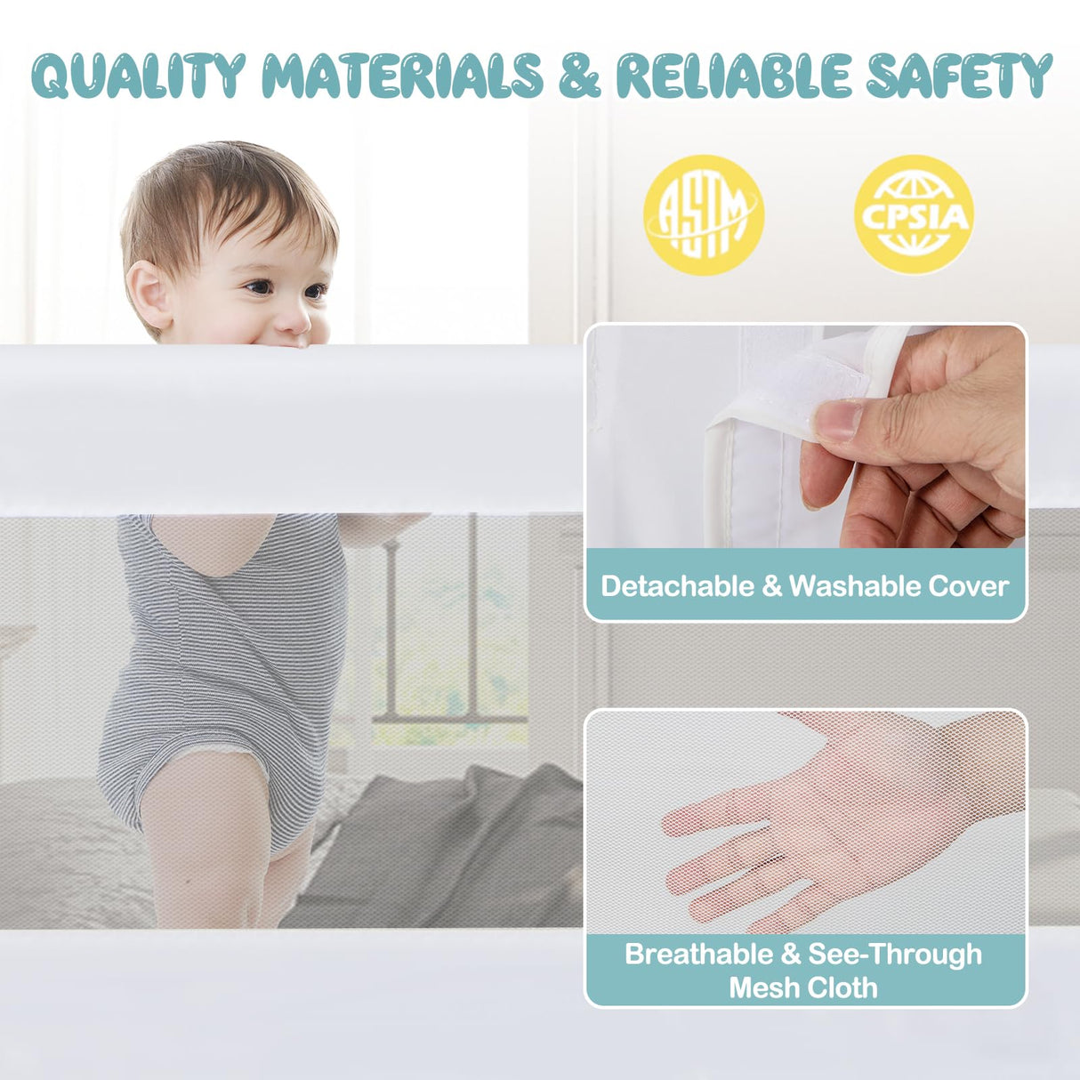 152 x 42 cm Swing Down Baby Bed Guard Rail, White - Baby Joy