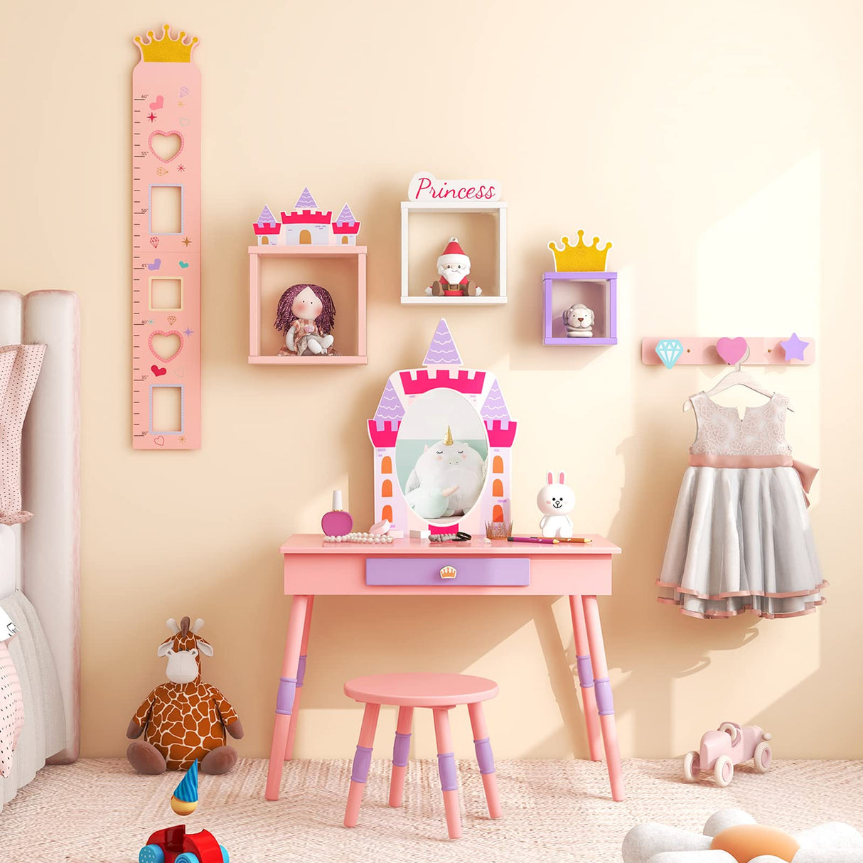 HONEY JOY Kids Vanity Set, Dressing Table for Children with Mirror and Stool, Princess Makeup Table