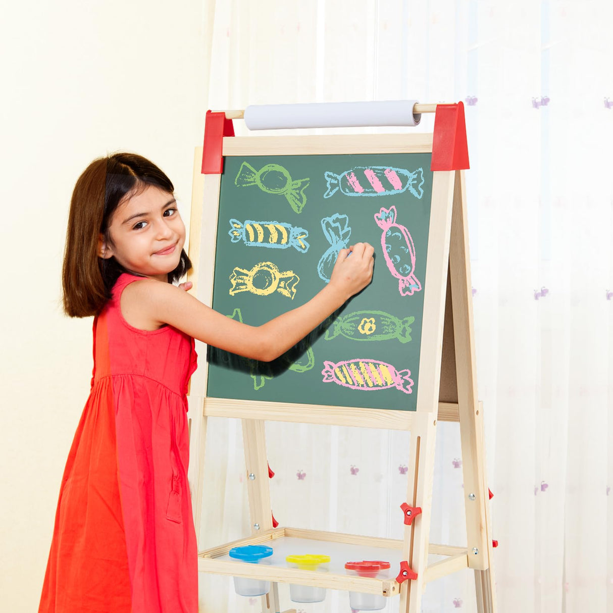 BABY JOY Kids Art Easel, Adjustable Height Double Sided Easel w/Chalkboard & Whiteboard