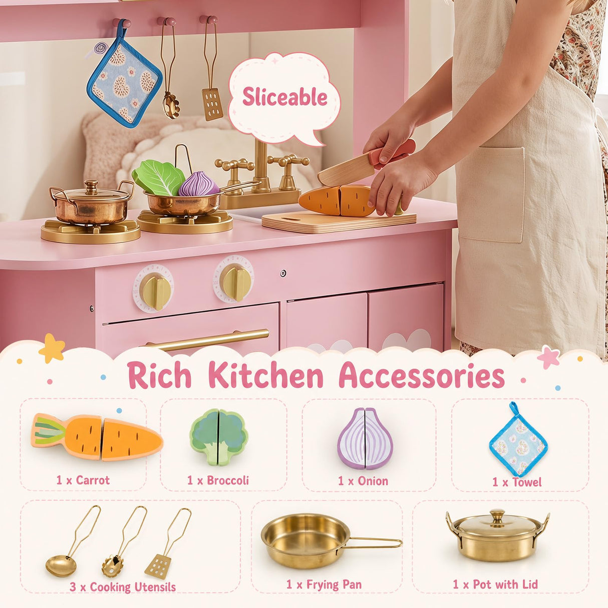 HONEY JOY Wooden Play Kitchen for Kids Toddlers w/Storage