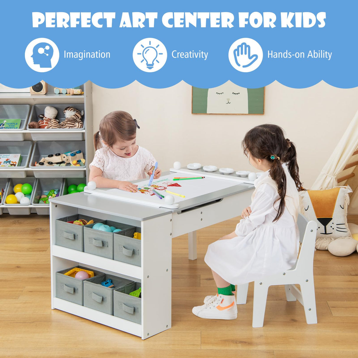 HONEY JOY Kids Table and Chairs Set, 2 in 1 Wooden Art Table & Easel Set for Children with 2 Chairs, 6 Storage Bins