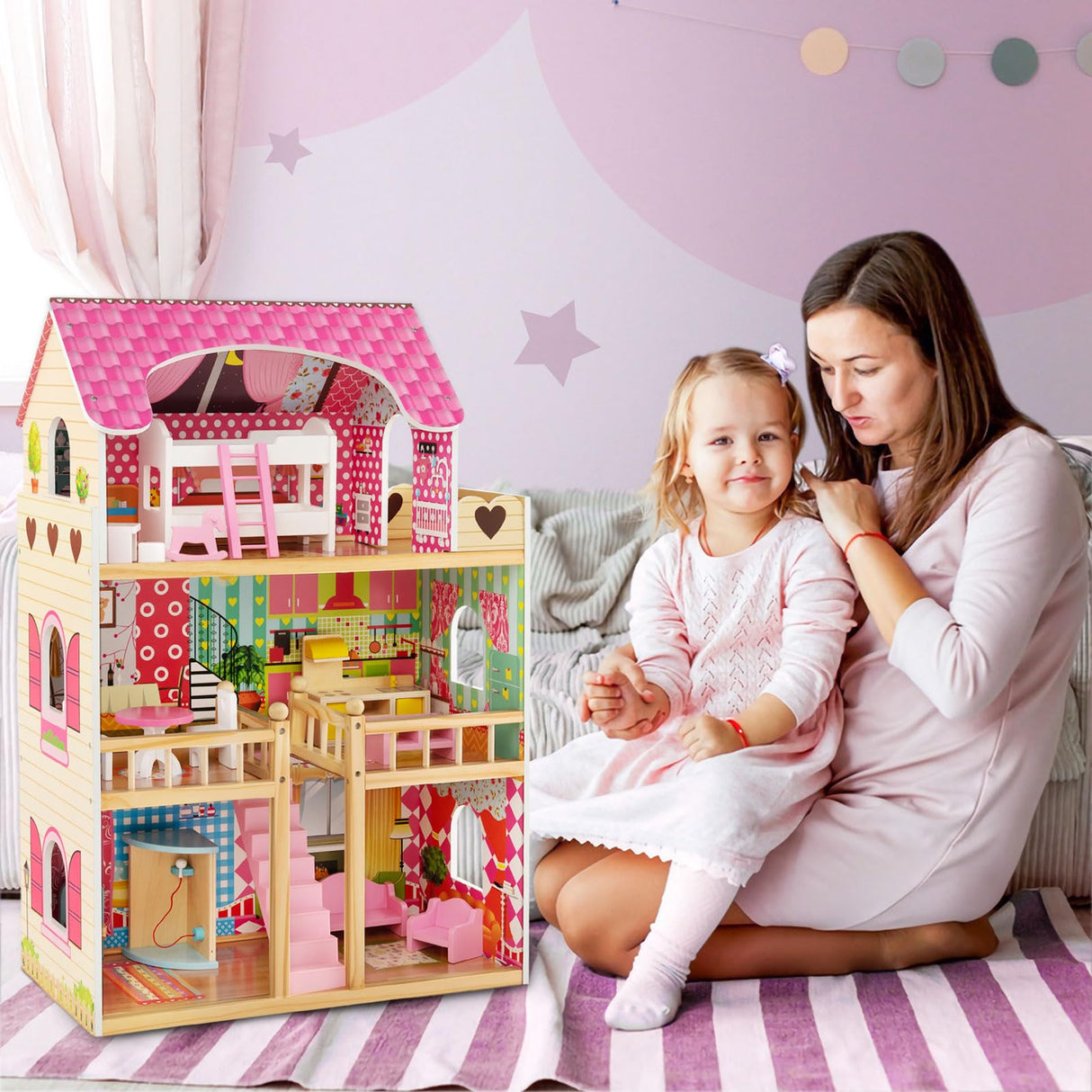 HONEY JOY Kids Wooden Dollhouse Playset w/15 Furniture Accessories