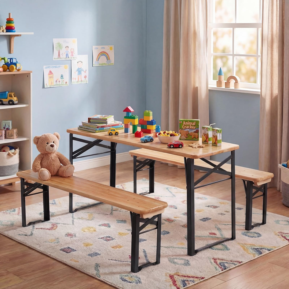 HONEY JOY 110 CM Folding Kids Picnic Table & Bench Set, No Assembly Wooden Toddler Table