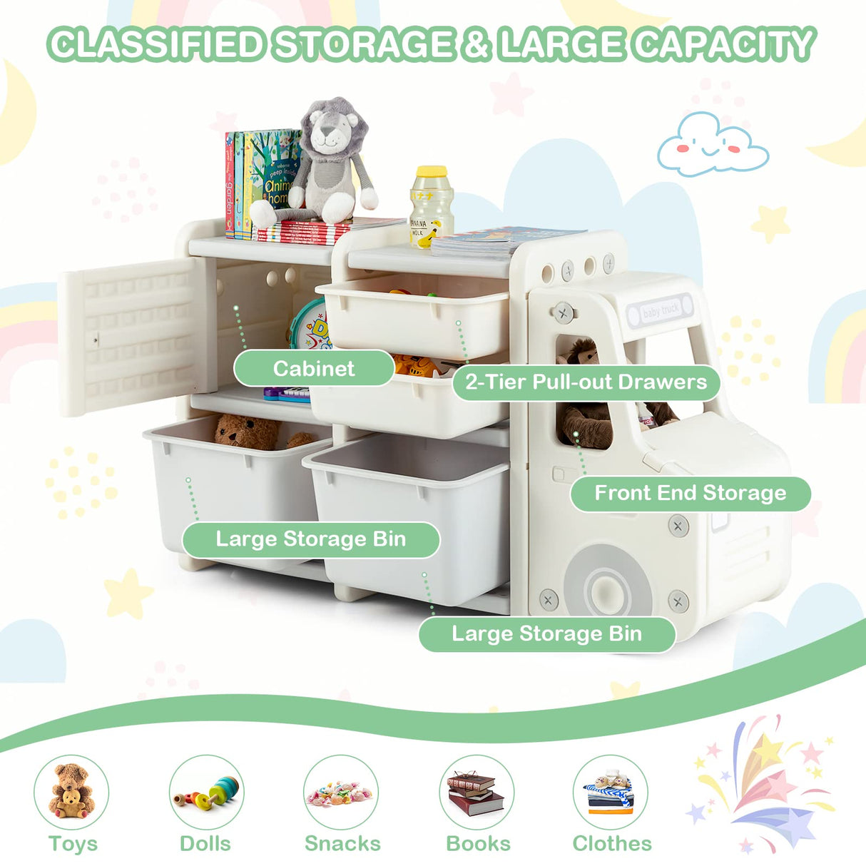 HONEY JOY Kids Toy Storage Organiser with 2 Large Bins, Pull-Out Drawers, Cabinet, Front Store Space