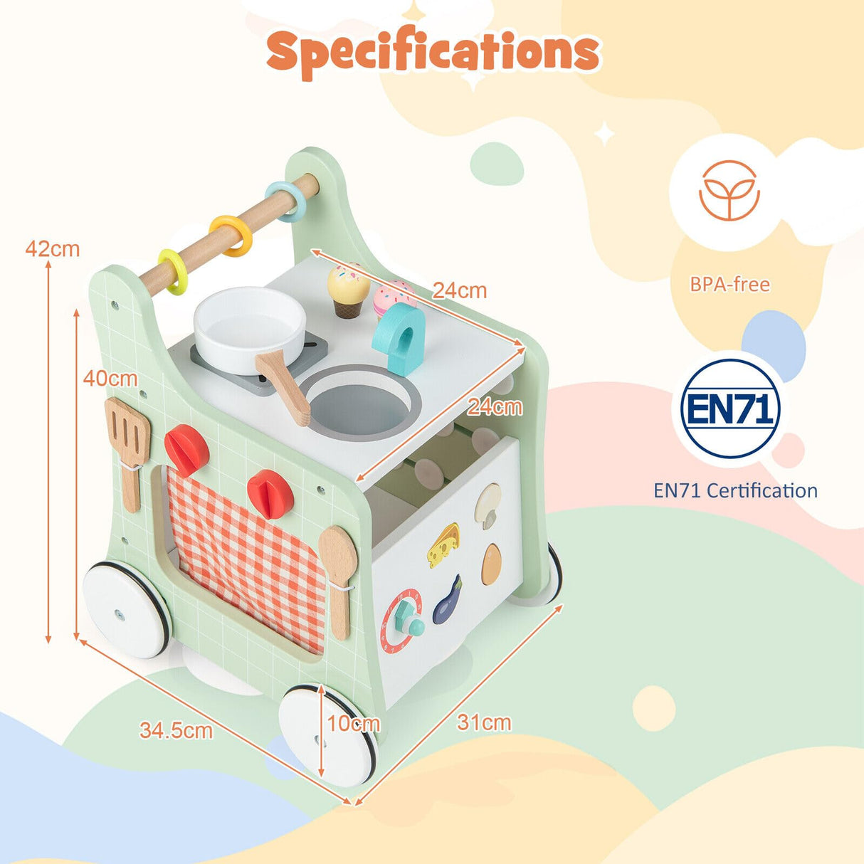 BABY JOY 6-in-1 Wooden Baby Walker, Toddler Push and Pull Learning Activity Center