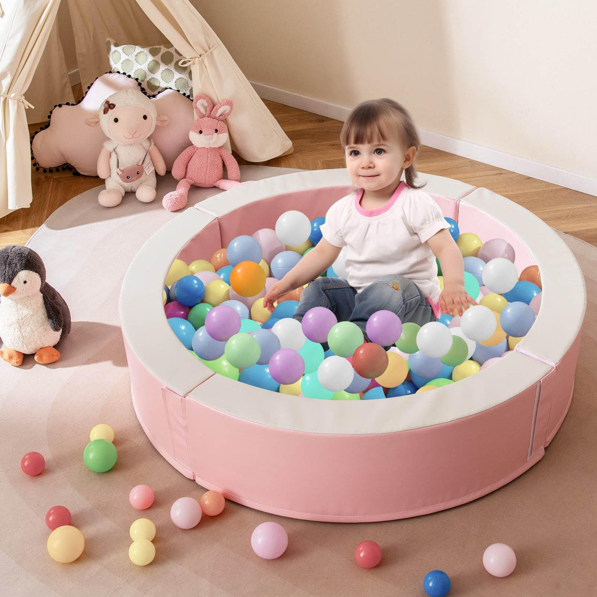 BABY JOY 113 x 26 cm Baby Ball Pit, Detachable Foam Ball Pit with 50 Colorful Ocean Balls