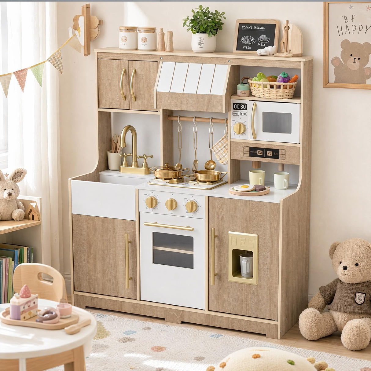 HONEY JOY Wooden Play Kitchen for Kids
