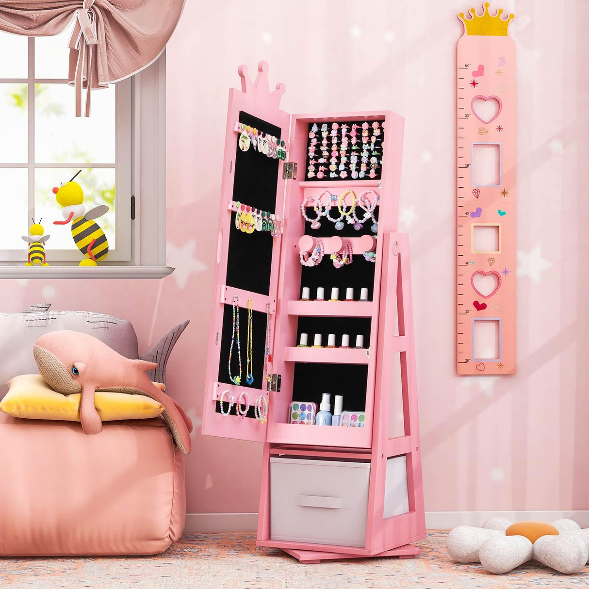 HONEY JOY 360° Swivel Kids Jewelry Cabinet, 3-in-1 Freestanding Full Length Dressing Mirror