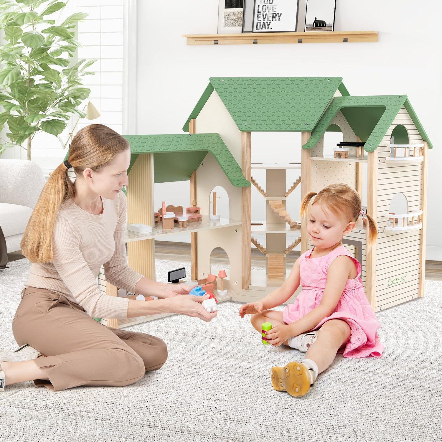 HONEY JOY Wooden Corner Dollhouse Playset, Green Roof Doll House with 34 Pieces of Furniture and Accessories