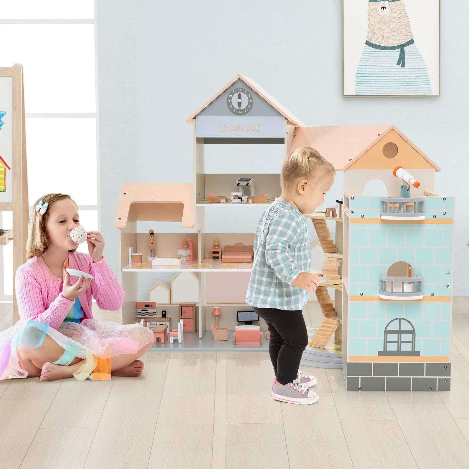 Wooden Corner Dollhouse Playset with 34 Pieces of Furniture and Accessories