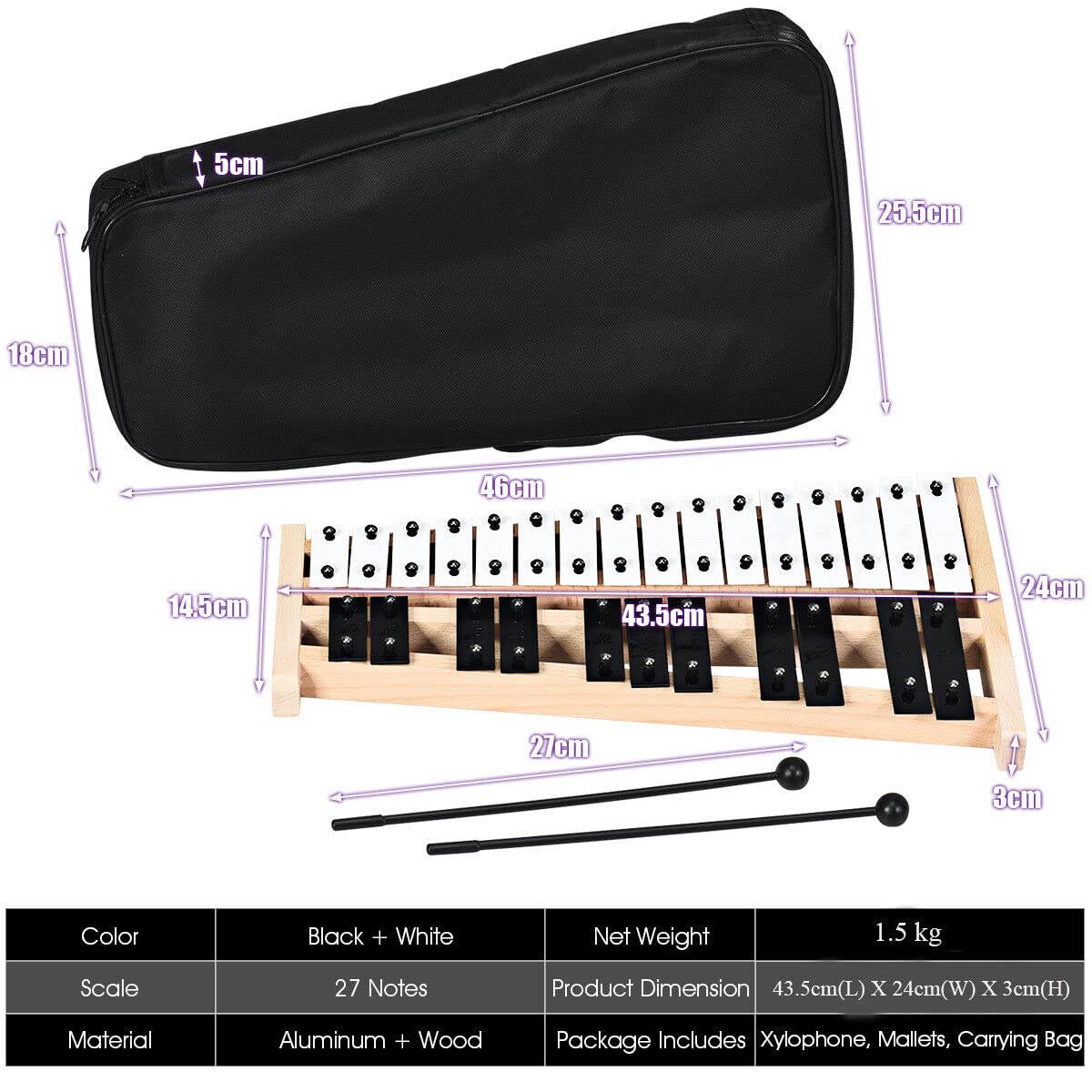 HONEY JOY Kids 27-Note Glockenspiel Xylophone, Glockenspiel Xylophone for Toddlers w/27 Metal Keys, Percussion Instrument