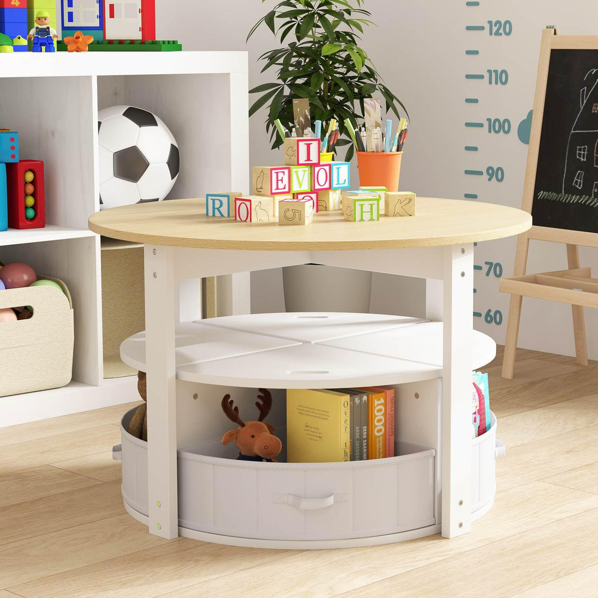 HONEY JOY Kids Table and Chair Set, 5 Piece Toddler Round Nesting Table with 4 Storage Stools for Activity