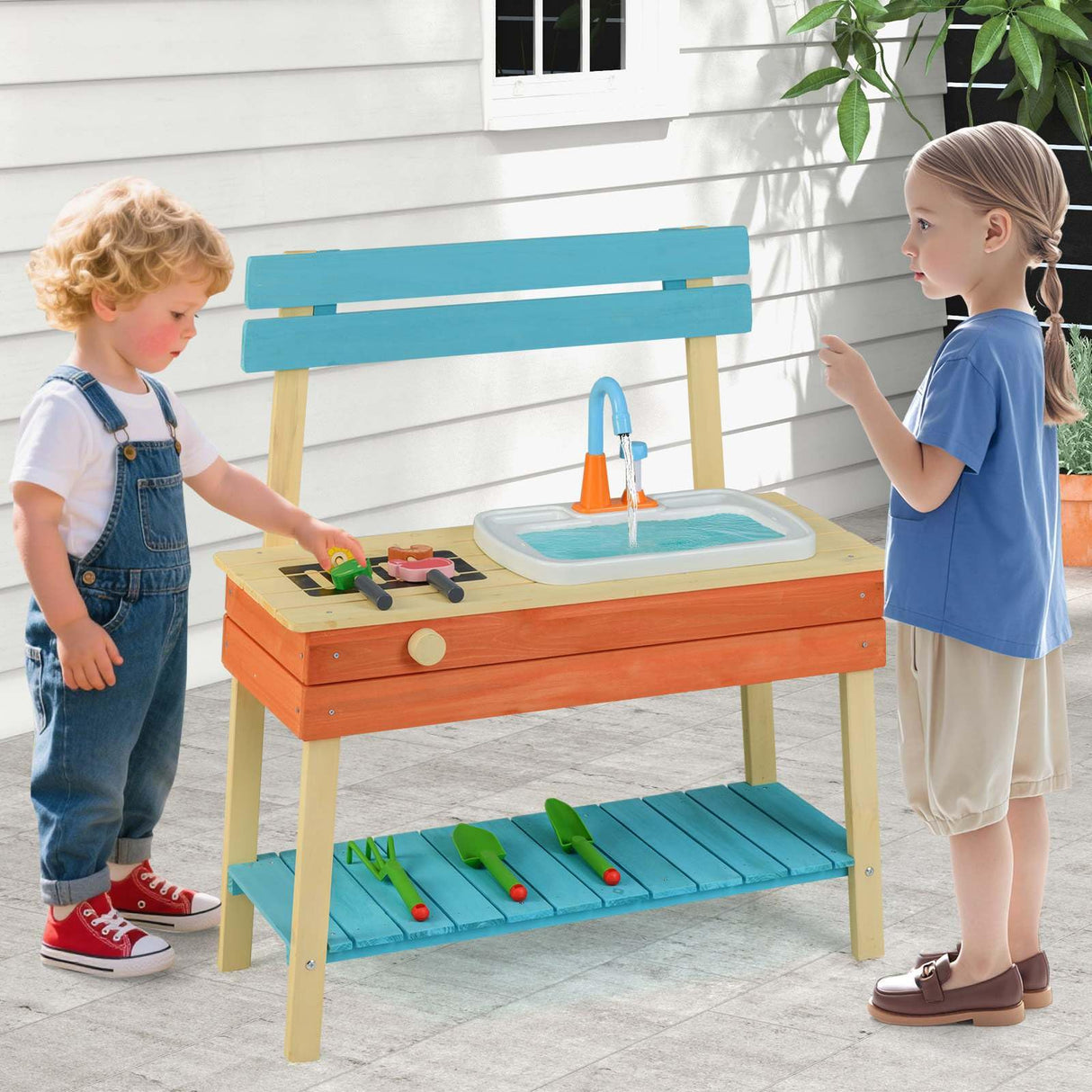 Wooden Kids Play Kitchen Set with Removable Sink and Grill Rack Mud Kitchen