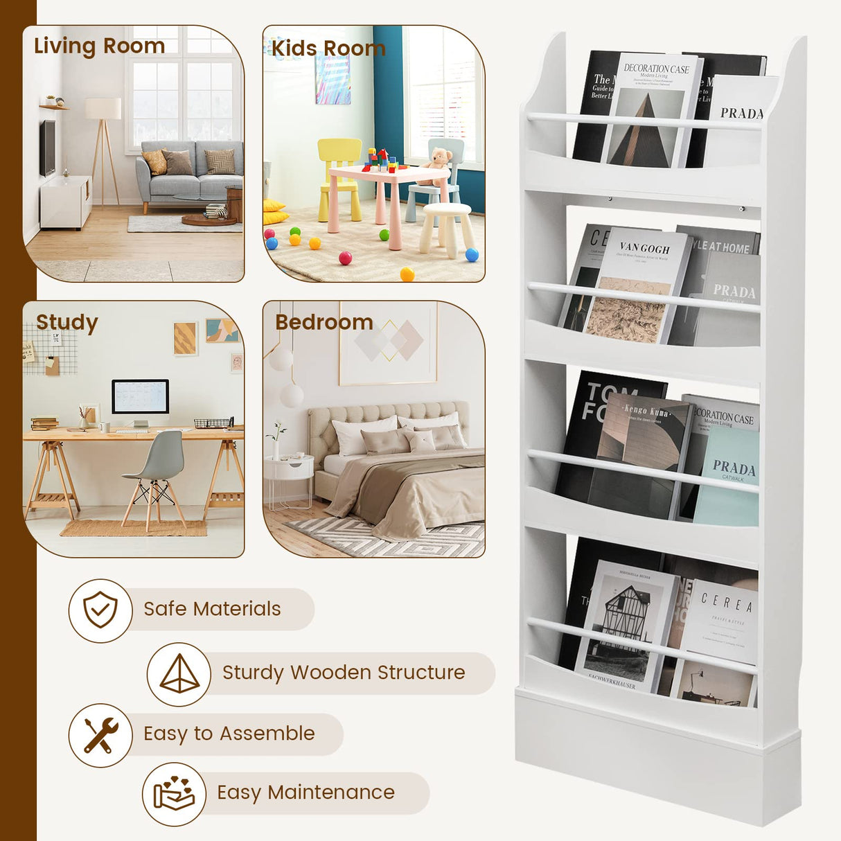 4-Tier Kids Bookcase with 2 Anti-Tipping Kits & Guardrails