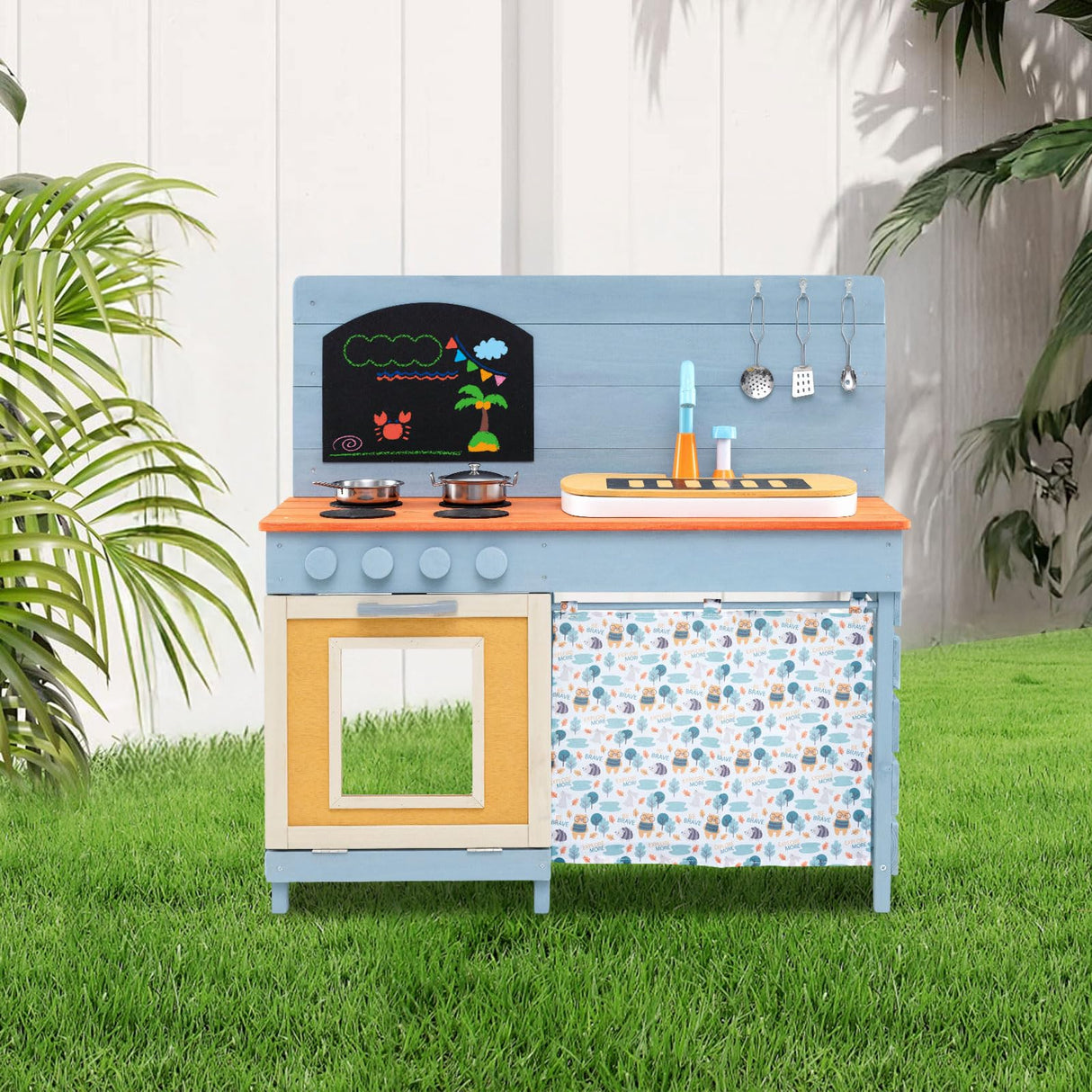 Outdoor Kids Play Kitchen Set, Wooden Kitchen Playset w/Stoves
