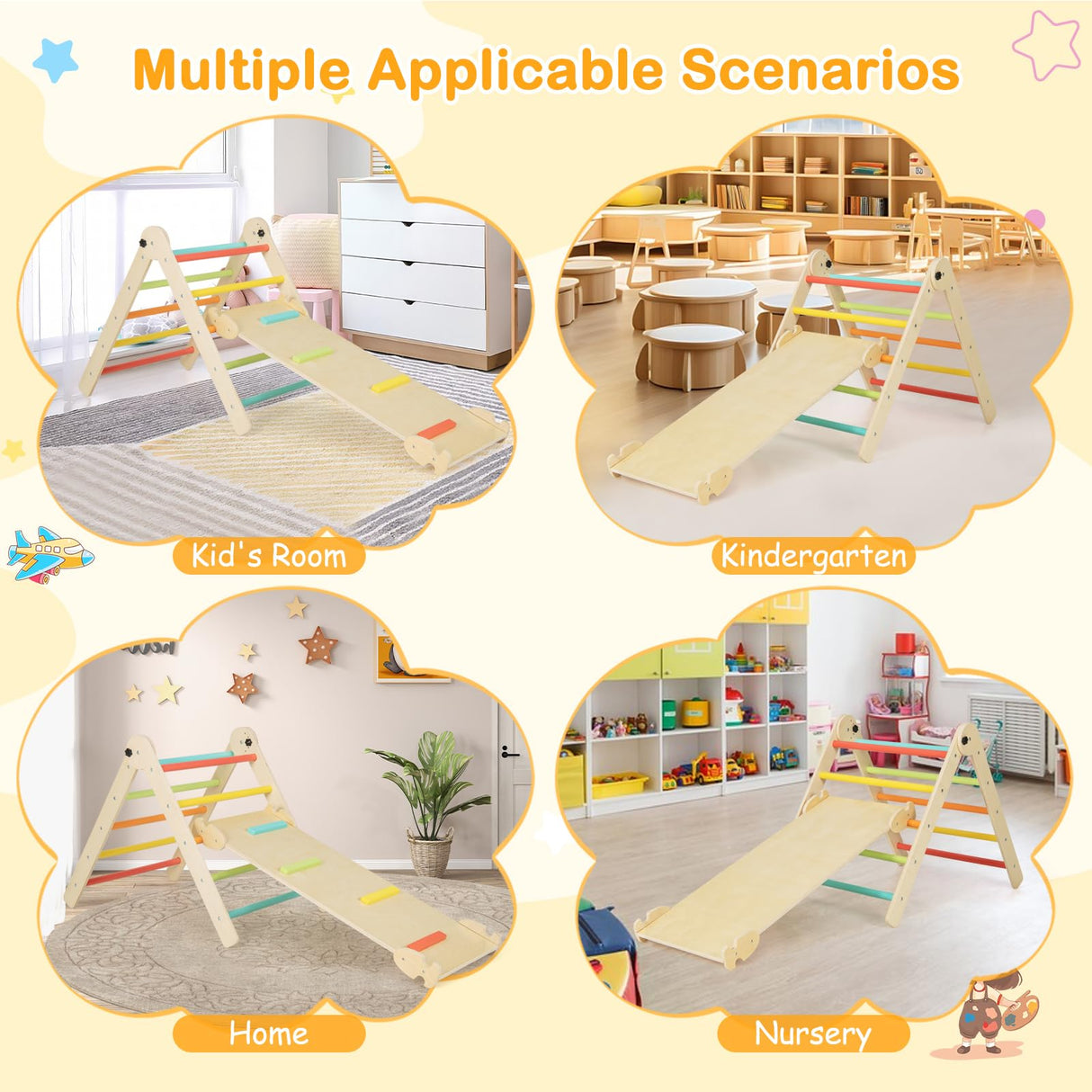 HONEY JOY 3-in-1 Foldable Triangular Climbing Toys, Height Adjustable Pikler Triangle & Sliding Set for Toddlers