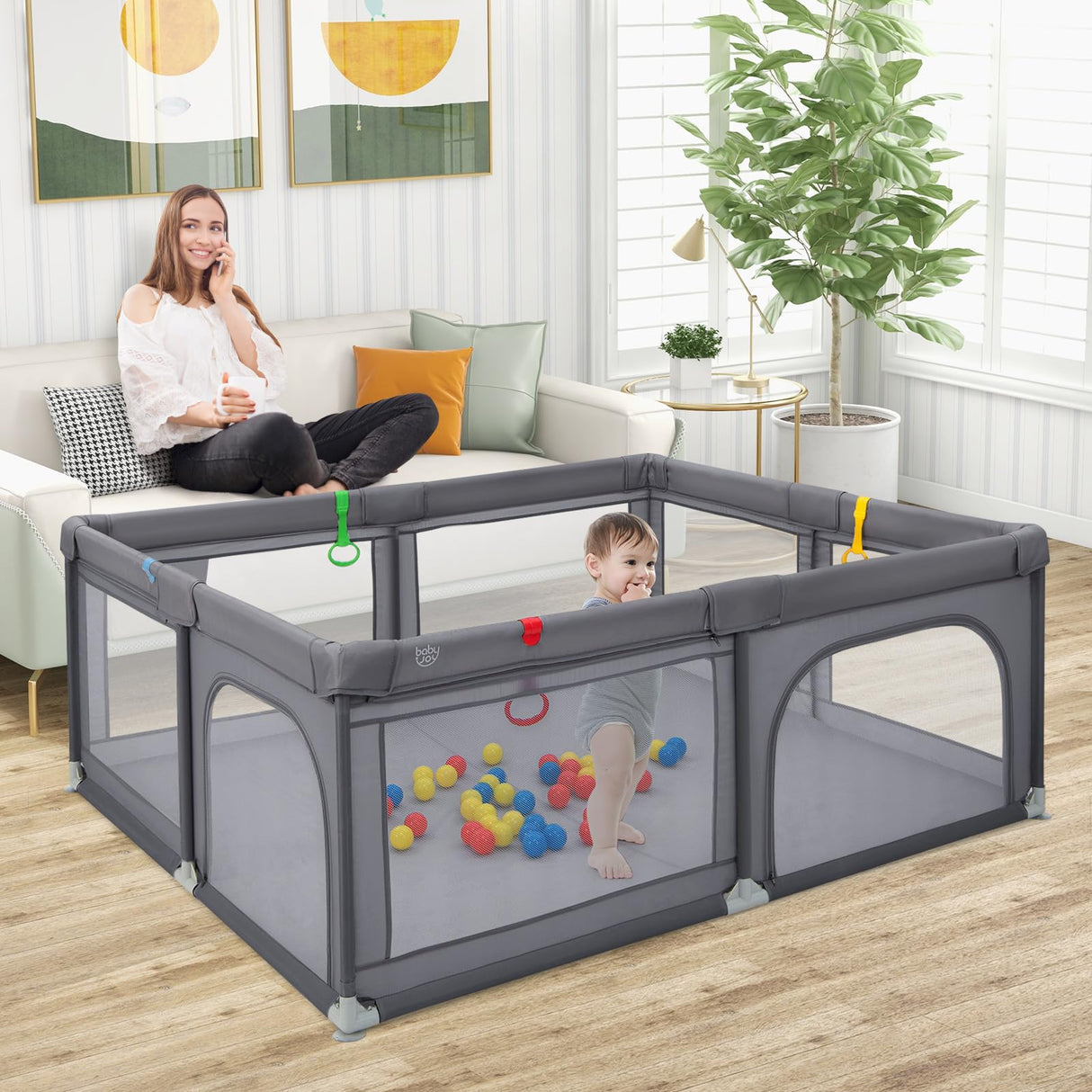 BABY JOY Baby Playpen 185 x 155 x 69 cm Large Play Yard for Infants