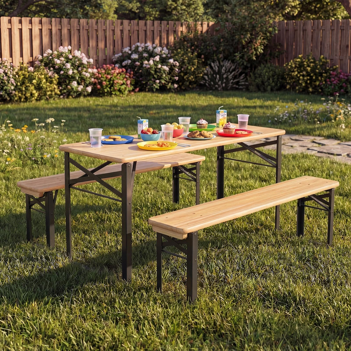 HONEY JOY 110 CM Folding Kids Picnic Table & Bench Set, No Assembly Wooden Toddler Table