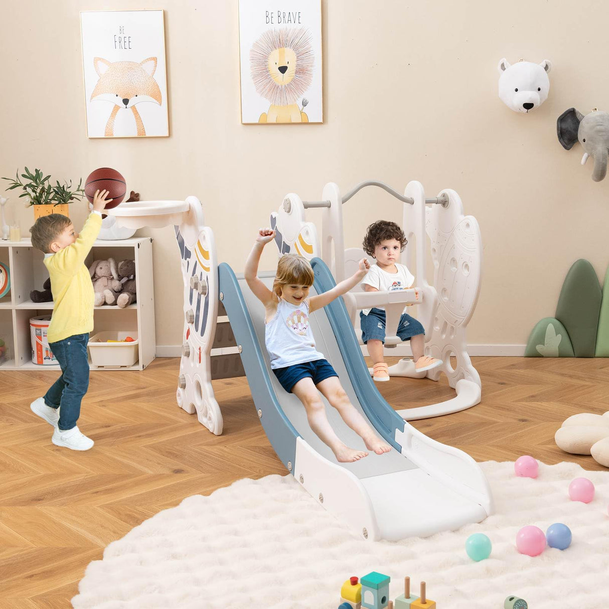 HONEY JOY Toddler Slide and Swing Set, 4-in-1 Indoor Playground