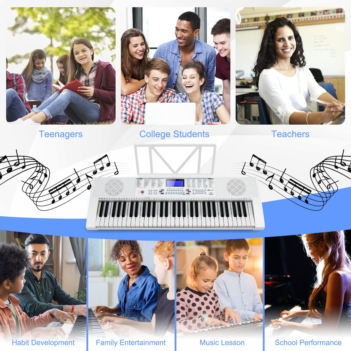 HONEY JOY 61 Key Piano Keyboard, Portable Electronic Keyboard Piano with Lighted Keys, LCD Screen, Headphones (White)