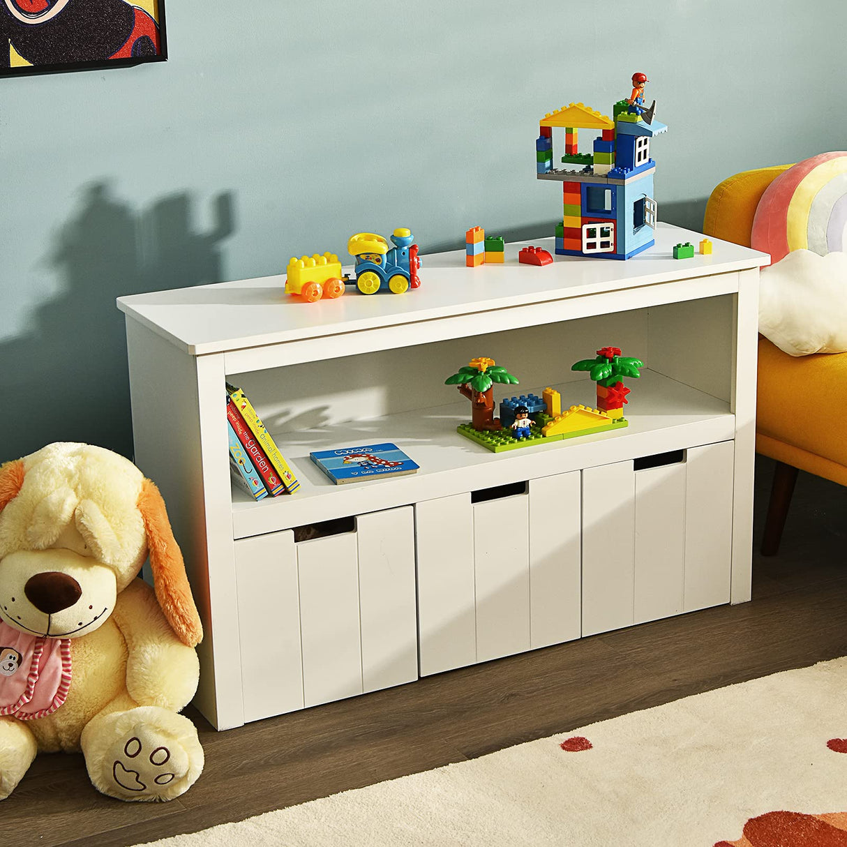 BABY JOY Kids Toy Storage Cabinet with 3 Removable Drawers, Rolling Wheels & Open Shelf