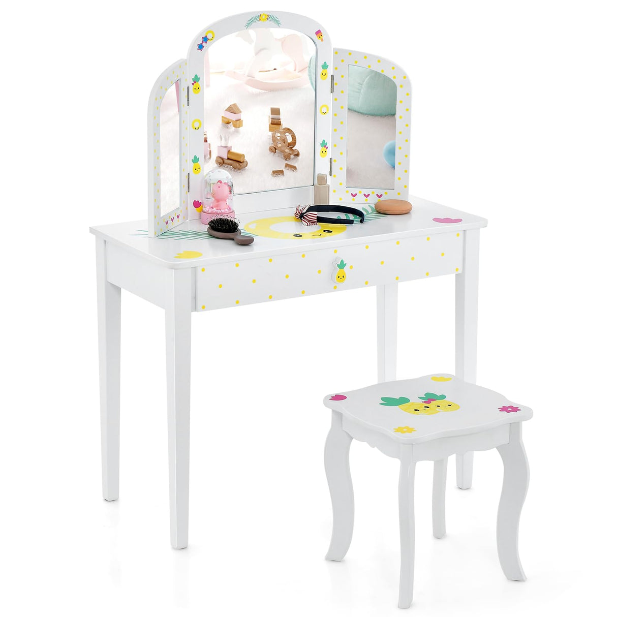 HONEY JOY Kids Vanity Table and Chair Set, Kids Dressing Table w/Tri-Folding Mirror, Large Storage Drawer