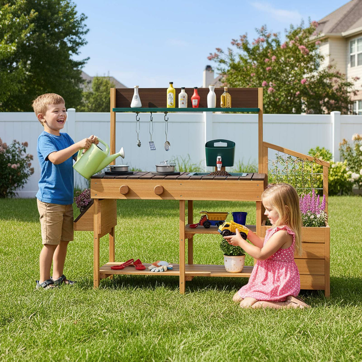 Two children playing with a wooden play kitchen set outdoors on a sunny day.