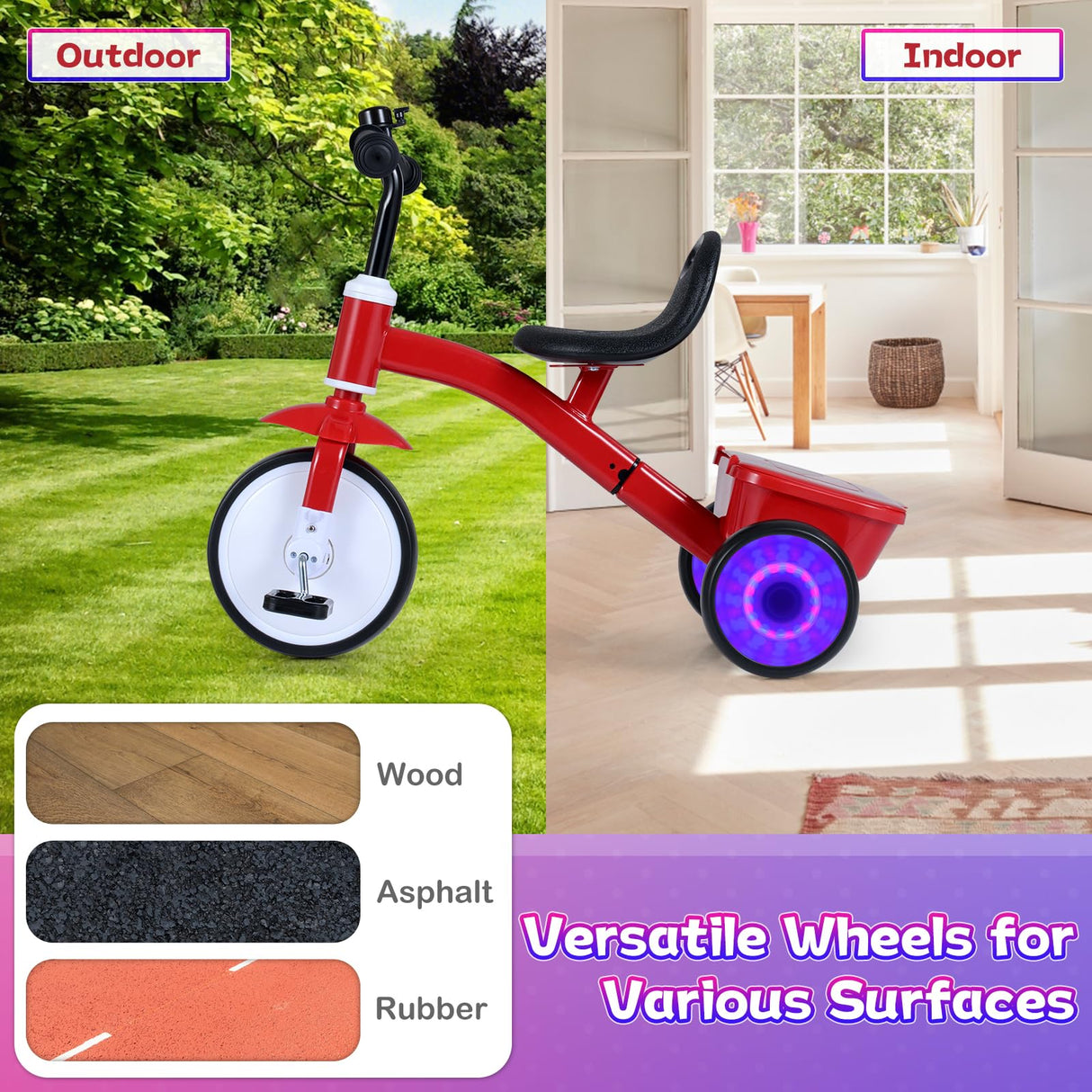 Toddler Bike with Glowing Rear Wheels and Adjustable Seat