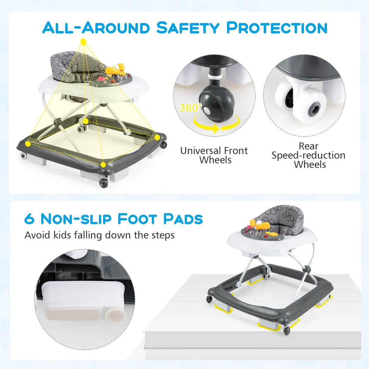 Baby walker with safety features like non-slip foot pads and wheels on a white background