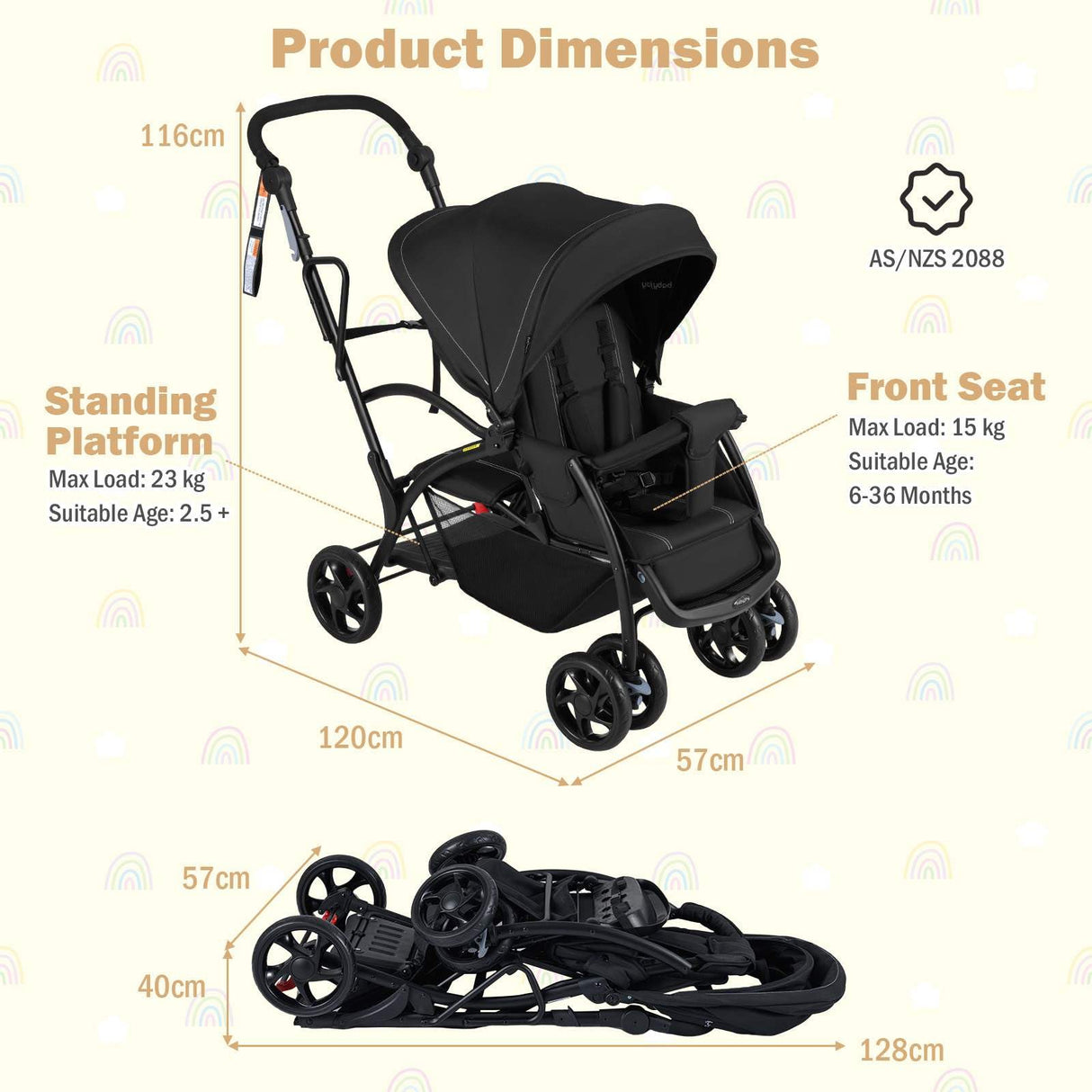 Sit and Stand Stroller, Foldable Double Stroller with Wristband