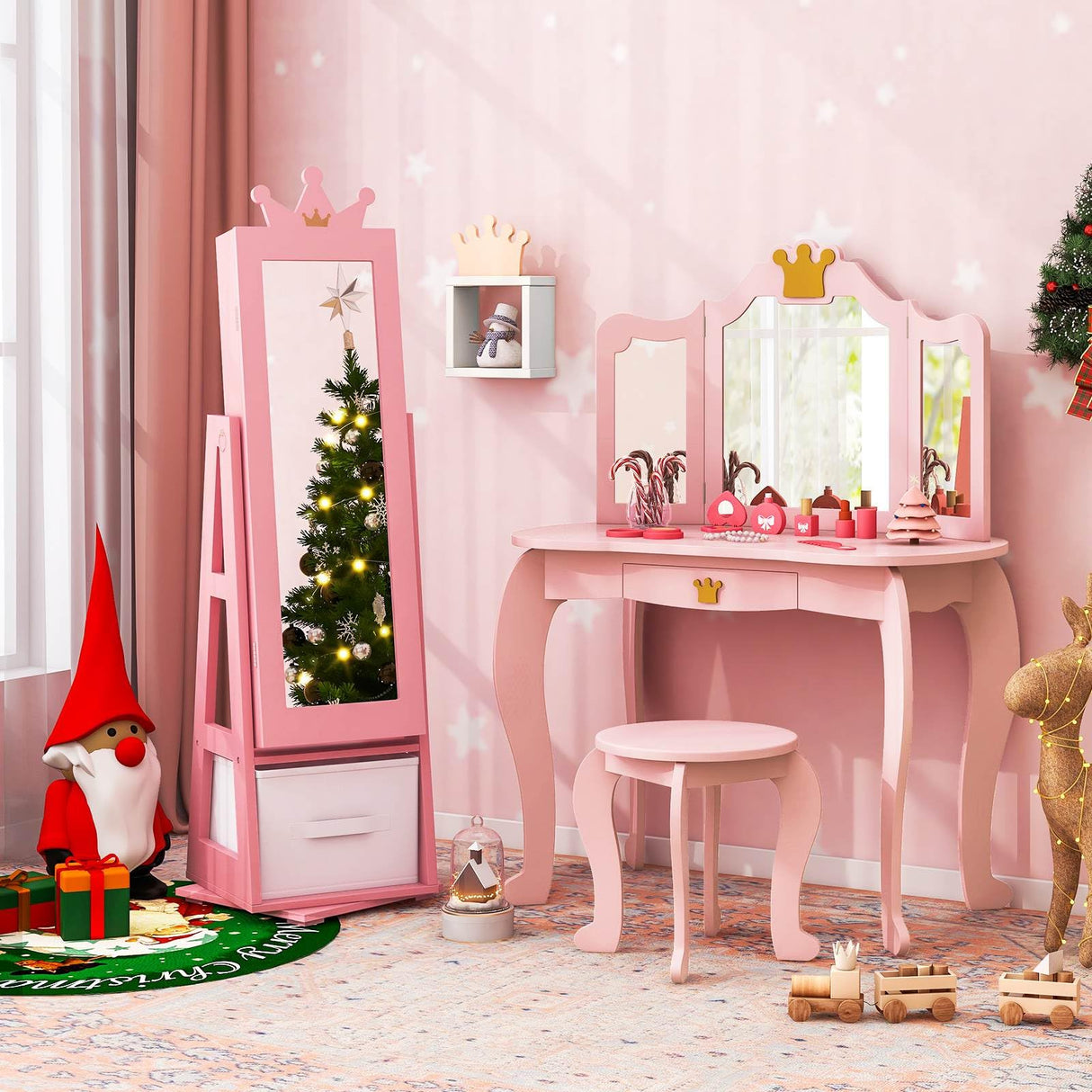 HONEY JOY 360° Swivel Kids Jewelry Cabinet, 3-in-1 Freestanding Full Length Dressing Mirror