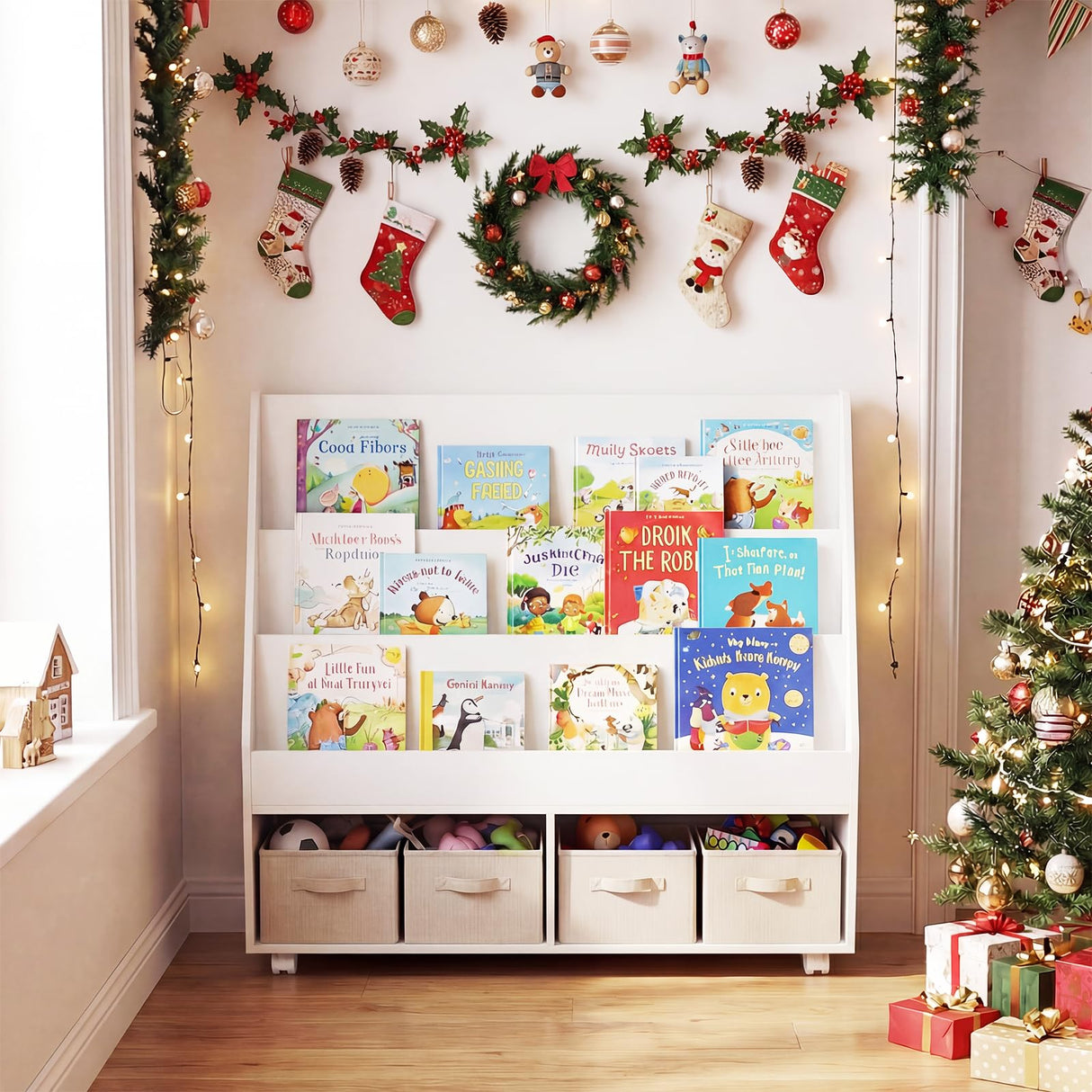 HONEY JOY Double-Sided Kids Bookshelf, Toddler Book Shelf