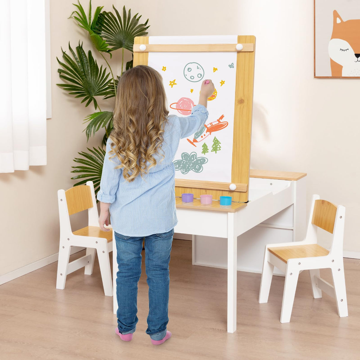 HONEY JOY Kids Table and Chairs Set, 2 in 1 Wooden Art Table & Easel Set for Children with 2 Chairs, 6 Storage Bins