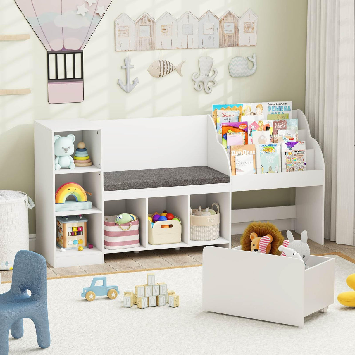 HONEY JOY Kids Bookcase Reading Nook, 4-in-1 Standing Toy Organiser