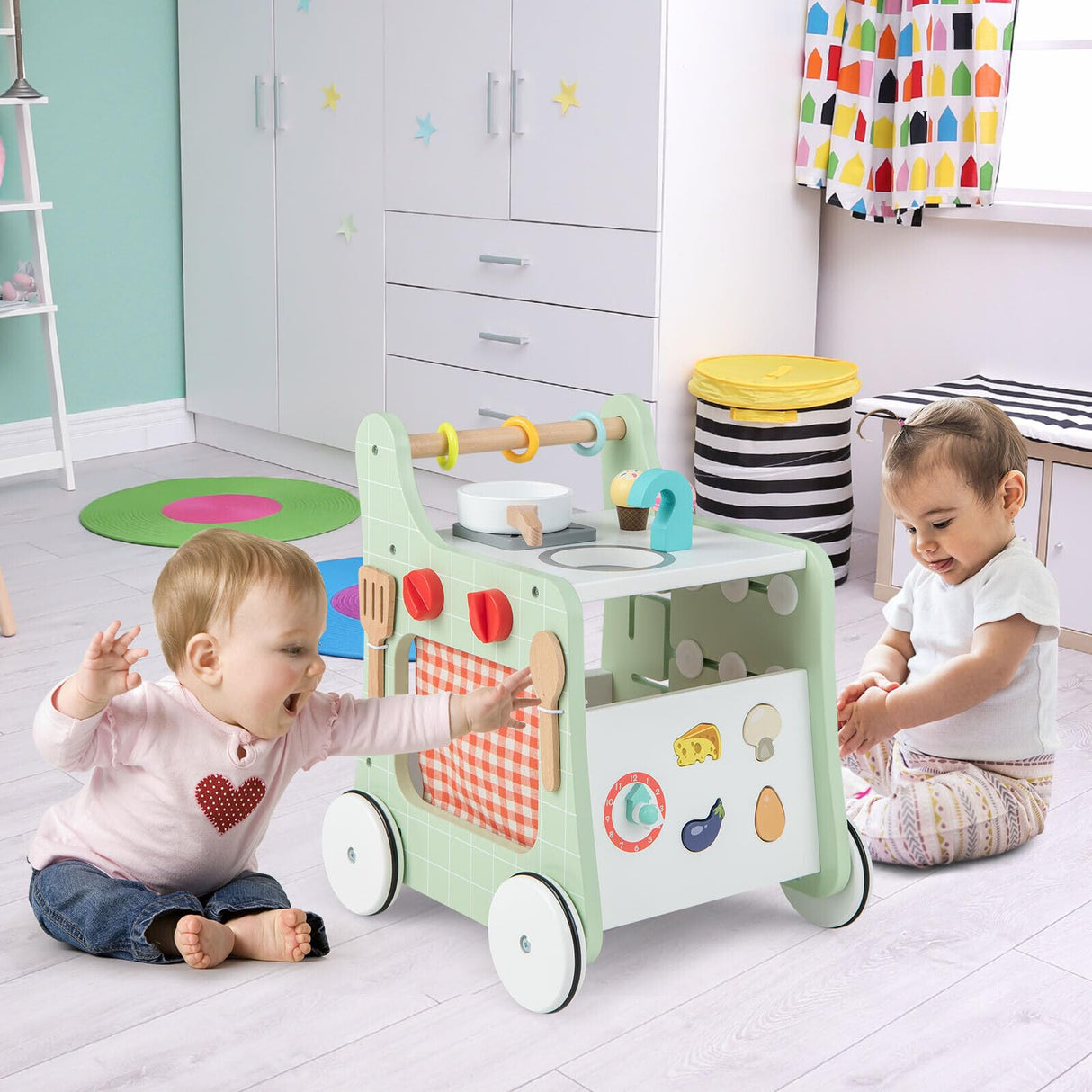 BABY JOY 6-in-1 Wooden Baby Walker, Toddler Push and Pull Learning Activity Center