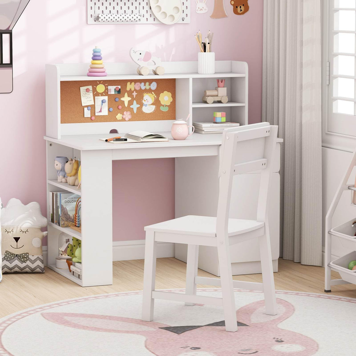 Kids Desk and Chair Set, Children Study Desk with Chair, Hutch & 3-Layer Side Shelf