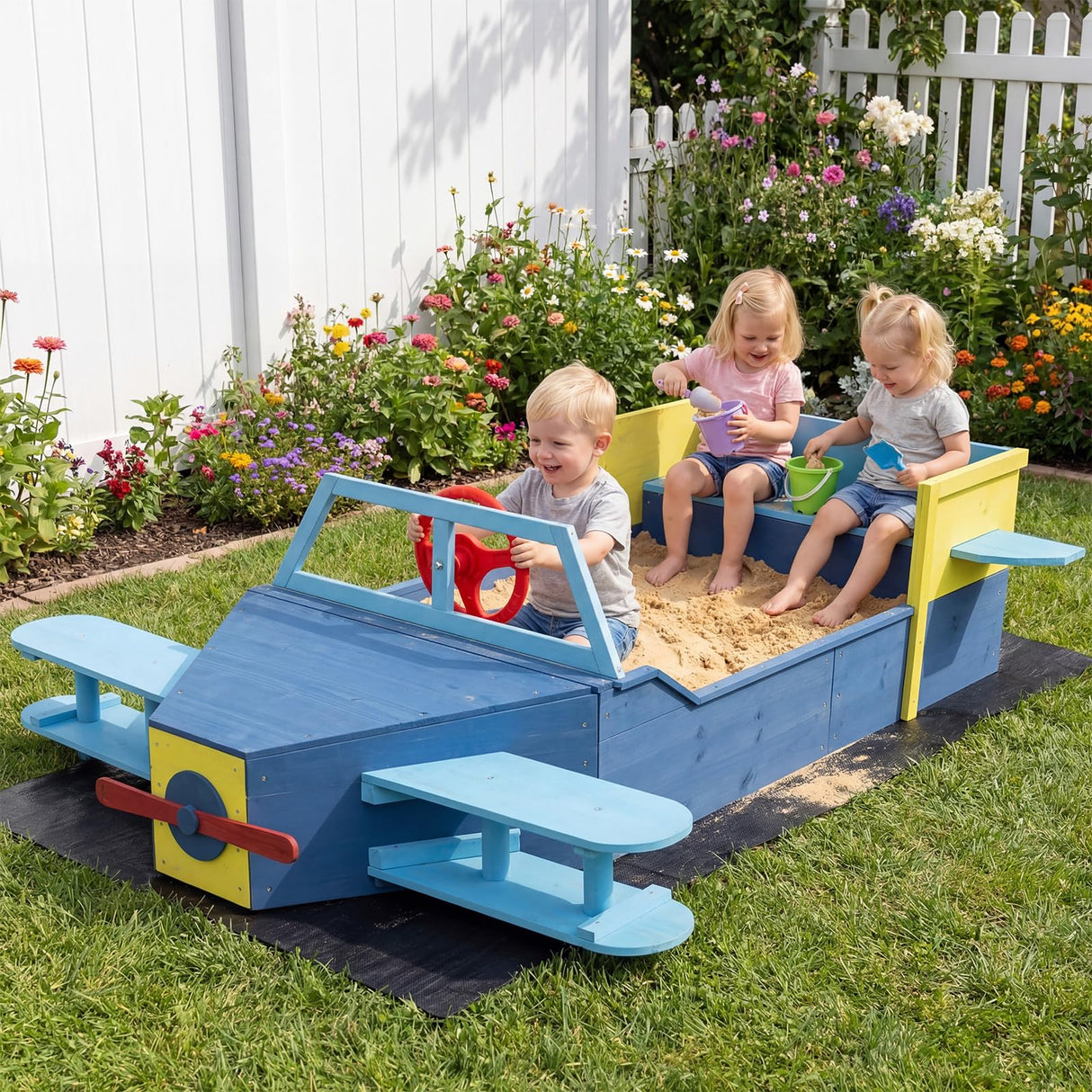 HONEY JOY Glider-Shape Kids Sandpit, Large Wooden Outdoor Sand Box w/Bench Seat