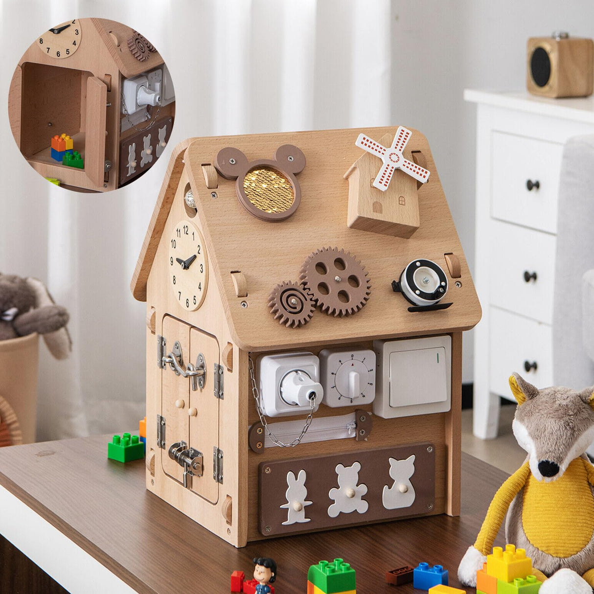 HONEY JOY Kids Montessori Busy House Toy, Wooden Multi-Purpose Play House w/Interior Storage Space