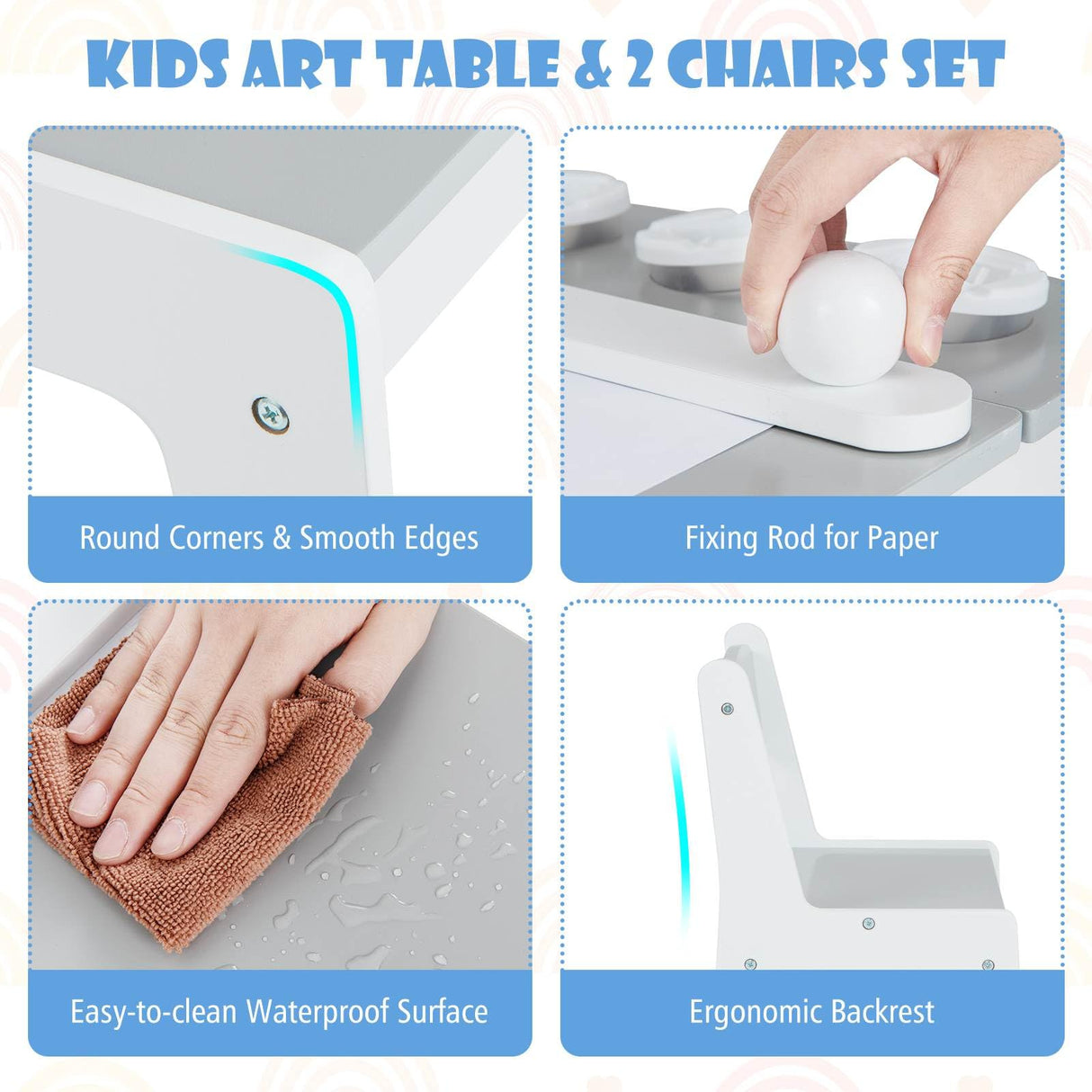 HONEY JOY Kids Table and Chairs Set, 2 in 1 Wooden Art Table & Easel Set for Children with 2 Chairs, 6 Storage Bins