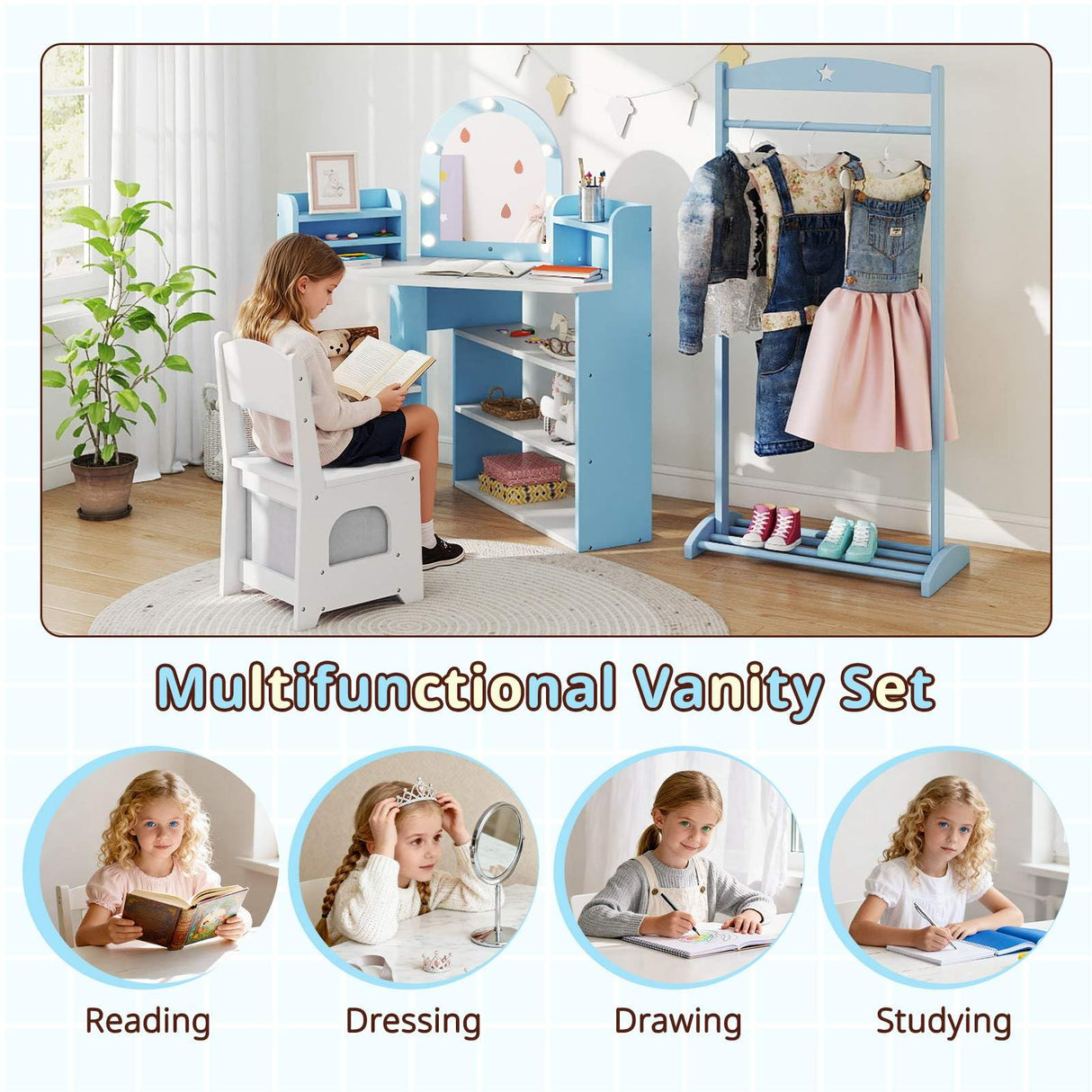 HONEY JOY Corner Kids Vanity with Lights, Princess Vanity Table & Chair Set
