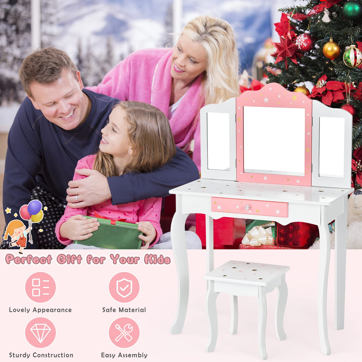 HONEY JOY Kids Pretend Play Vanity Set, 2-in-1 Wooden Princess Makeup Dressing Table w/Stool & Drawer