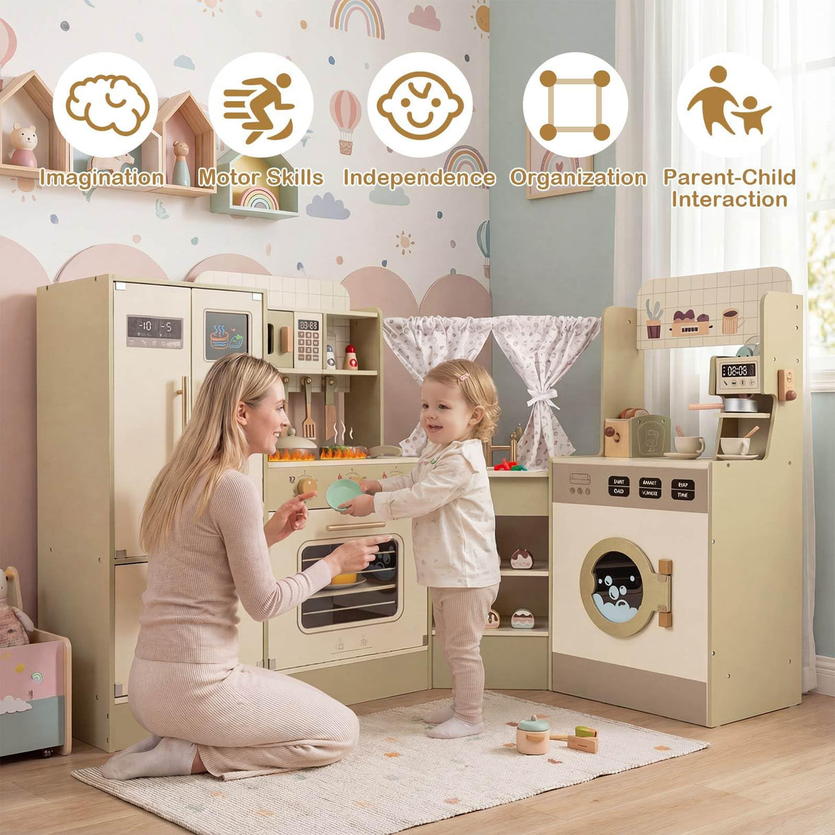 HONEY JOY Kids Corner Play Kitchen, Pretend Play Kitchen Playset