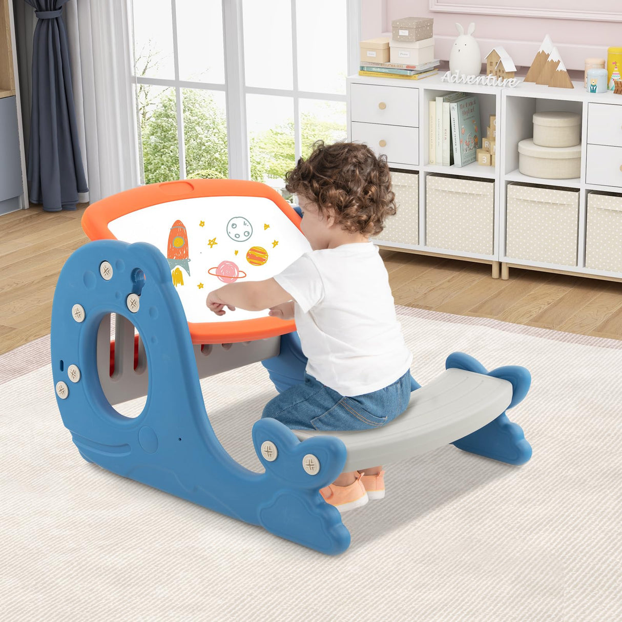 HONEY JOY Convertible Kids Activity Table Set, Multi-Functional Angle-Adjustable Toddler Easel w/Erasable Whiteboard, Whale Shape