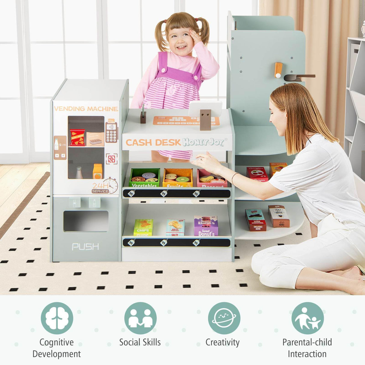 HONEY JOY Kids Grocery Store Playset, Wooden Pretend Play Supermarket w/Vending Machine